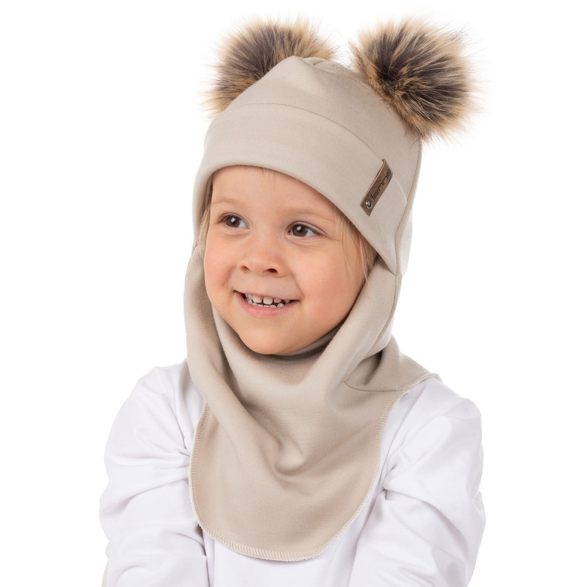 Merinovillainen kypärämyssy kahdella tupsulla, beige